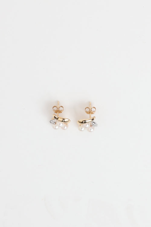Fine Jewelry 14K Yellow and White Gold Pearl and Diamond Stud Earrings