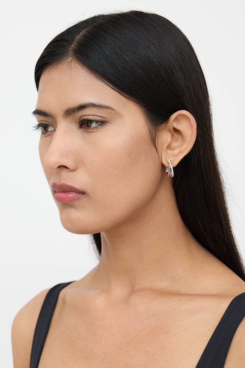 Fine Jewelry 18K Yellow Gold Sapphire Diamond Hoop Earrings