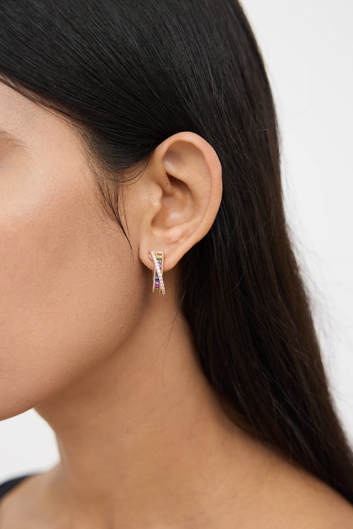 Fine Jewelry 18K Yellow Gold Sapphire Diamond Hoop Earrings