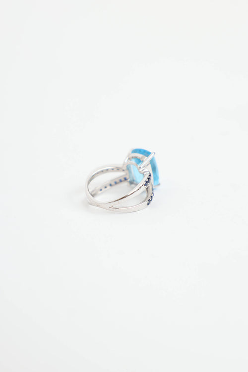 Fine Jewelry 18K White Gold Saphire and Blue Topaz Ring