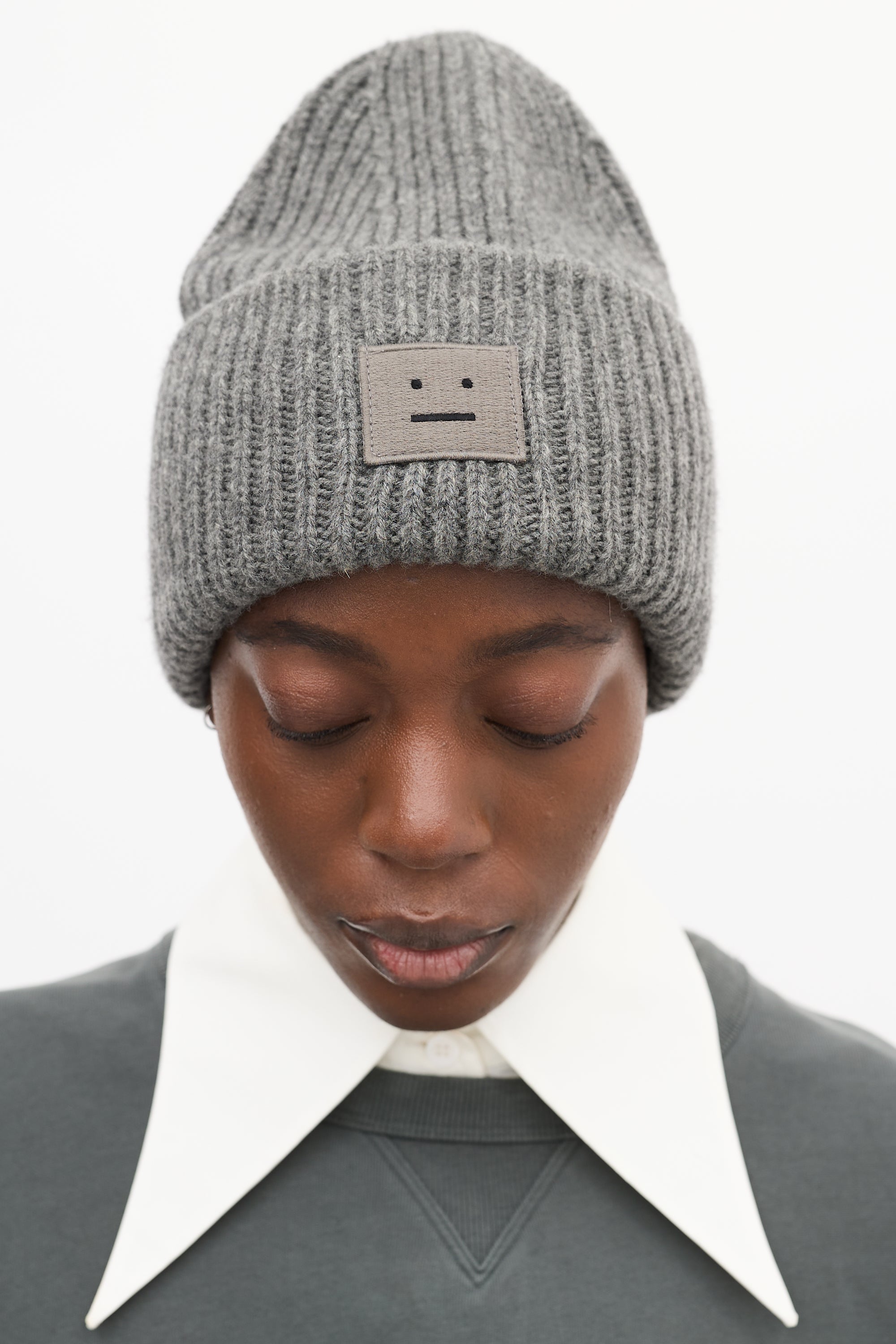 Acne Studios Grey Ribbed Face Logo Beanie