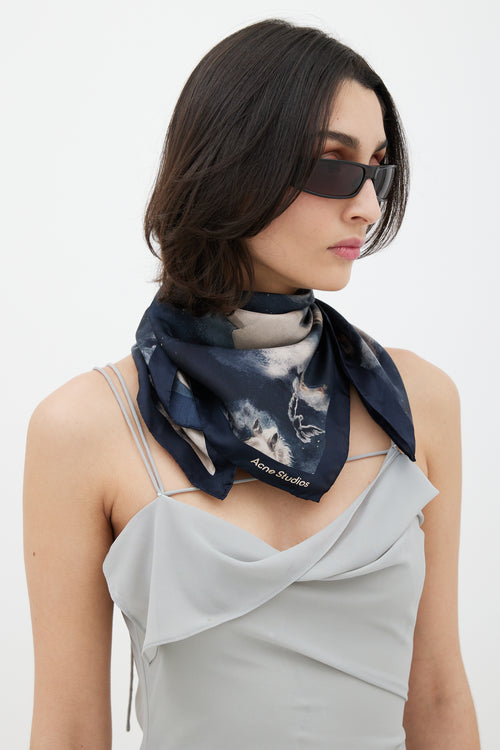 Acne Studios Navy & Multicolour Printed Silk Scarf