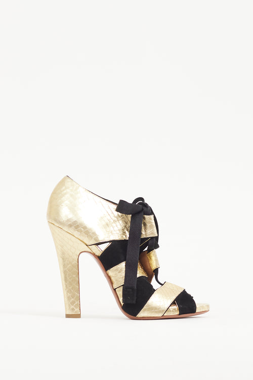 Alaïa Gold & Black Textured Leather Lace Up Heel