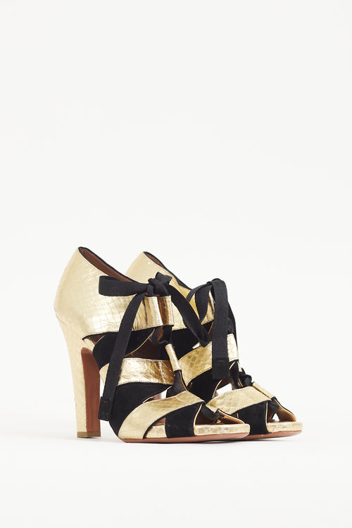 Alaïa Gold & Black Textured Leather Lace Up Heel