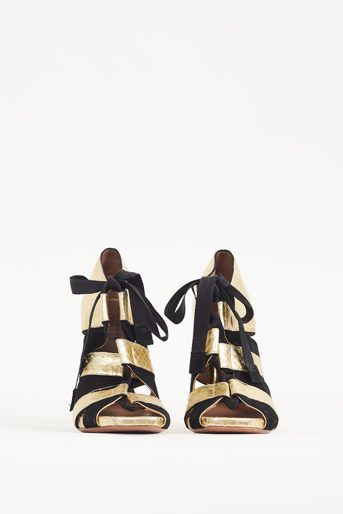 Alaïa Gold & Black Textured Leather Lace Up Heel