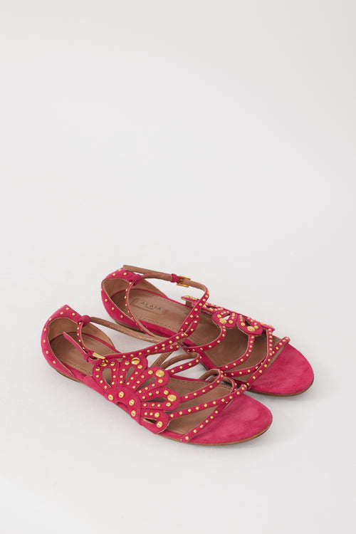 Alaïa Pink & Gold Suede Chamois Cloute Studded Sandal