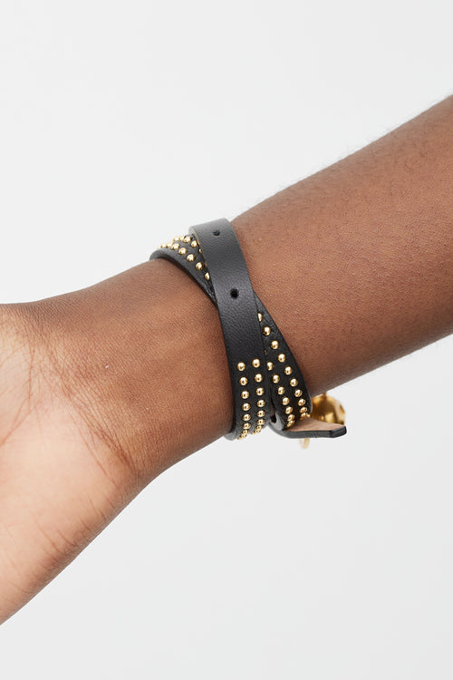 Alexander McQueen Black & Gold Leather Skull Wrap Bracelet