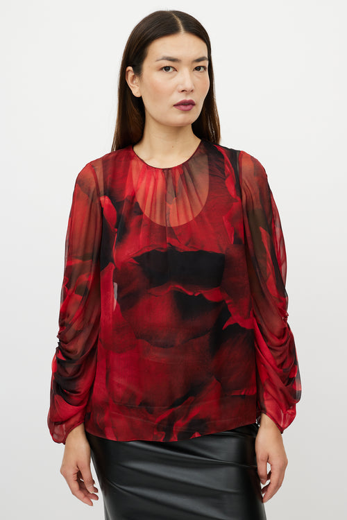 Alexander McQueen Black & Red Silk Floral Top