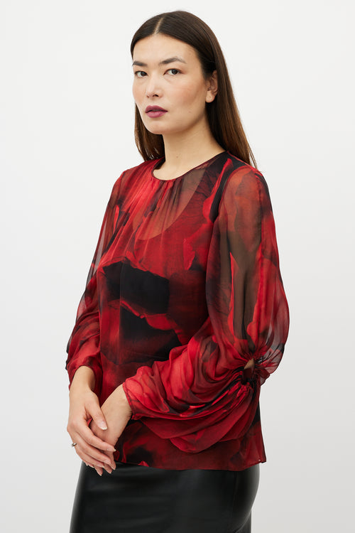Alexander McQueen Black & Red Silk Floral Top