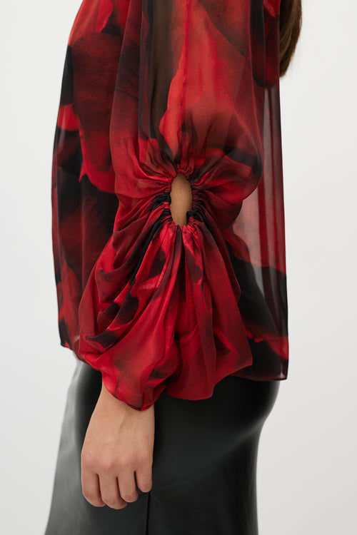 Alexander McQueen Black & Red Silk Floral Top