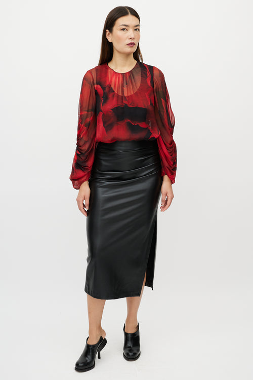 Alexander McQueen Black & Red Silk Floral Top
