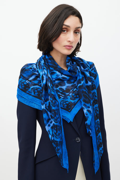 Alexander McQueen Blue & Black Silk Skull Scarf