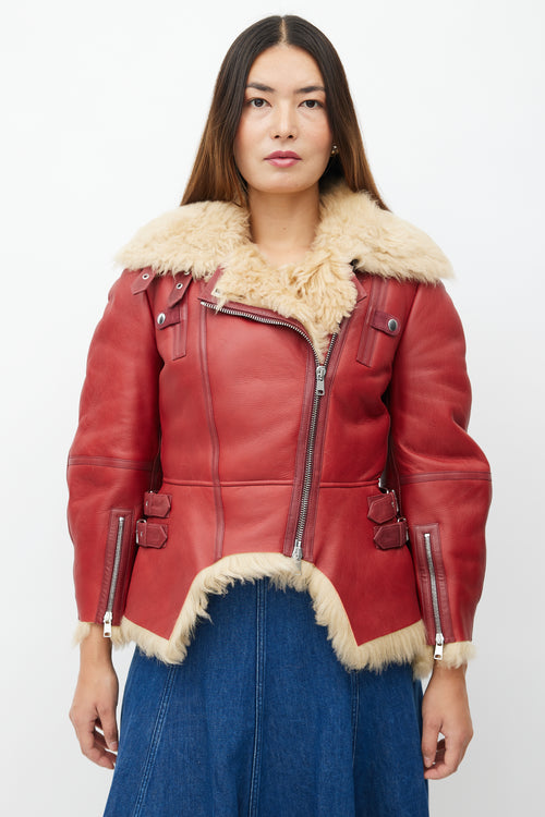 Alexander McQueen Red Leather & Shearling Biker Jacket