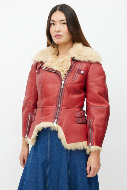 Alexander McQueen Red Leather & Shearling Biker Jacket