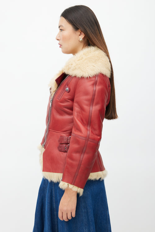 Alexander McQueen Red Leather & Shearling Biker Jacket
