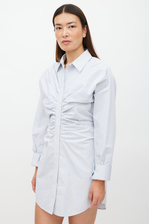 Alexander Wang White & Blue Plaid Gathered Shirt Dress