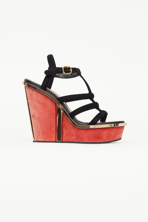 Alexander McQueen Black & Red Suede Caged Wedge