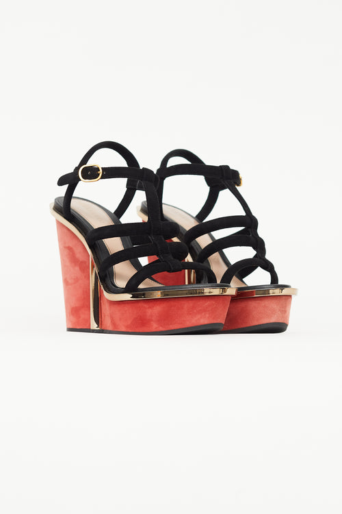 Alexander McQueen Black & Red Suede Caged Wedge