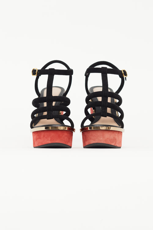Alexander McQueen Black & Red Suede Caged Wedge