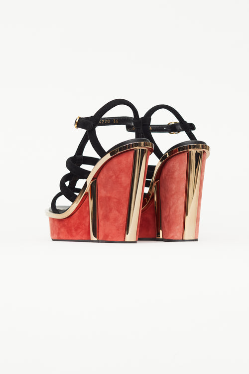 Alexander McQueen Black & Red Suede Caged Wedge