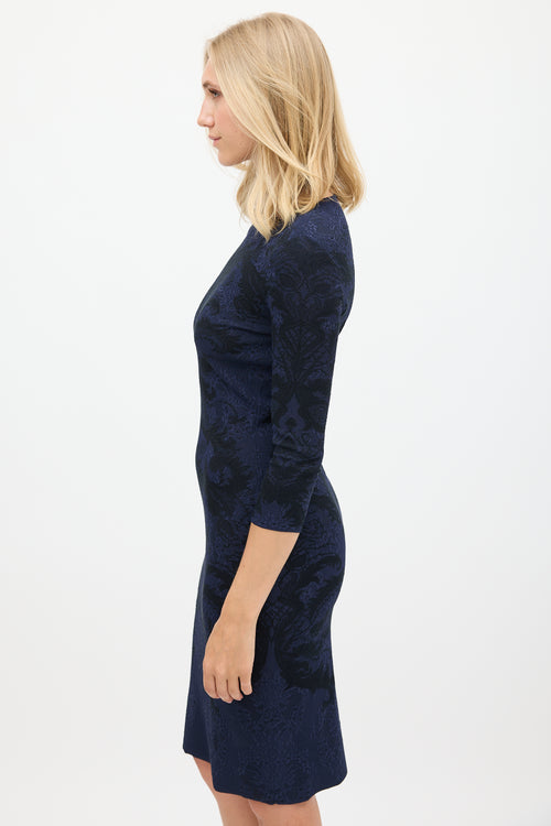 Alexander McQueen Navy & Black Ornate Intarsia Lace Midi Dress