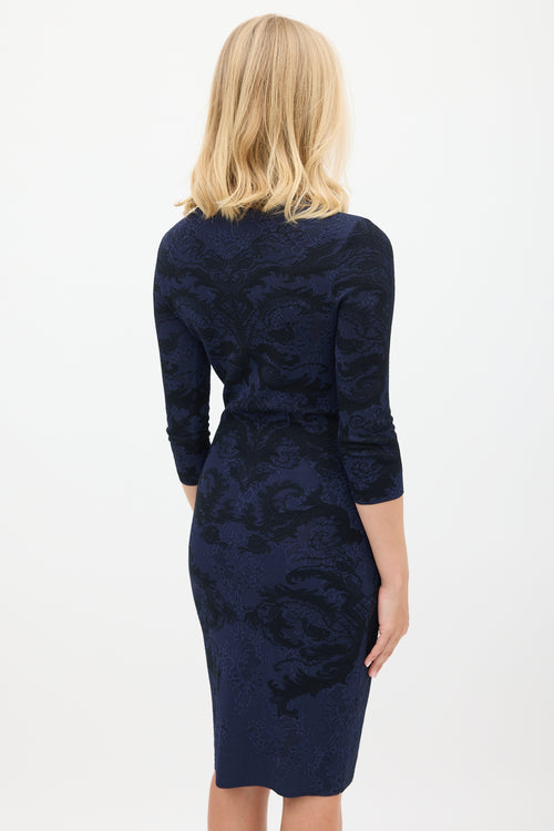 Alexander McQueen Navy & Black Ornate Intarsia Lace Midi Dress