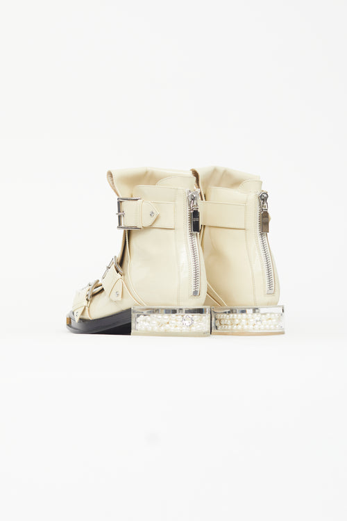 Alexander McQueen Spring 2018 Cream Patent & Pearl Combat Boot