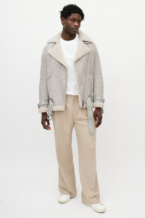 All Saints Grey Suede Shearling Biker Jacket