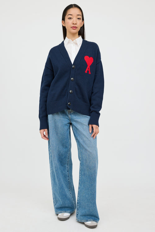 AMI Alexandre Mattiussi Navy & Red Knit Heart Cardigan