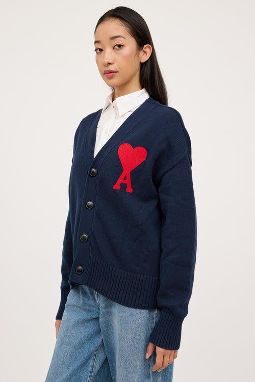 AMI Alexandre Mattiussi Navy & Red Knit Heart Cardigan