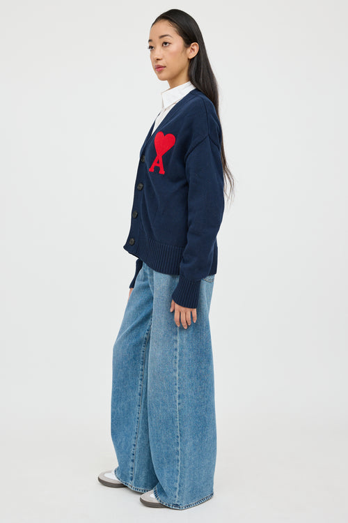 AMI Alexandre Mattiussi Navy & Red Knit Heart Cardigan