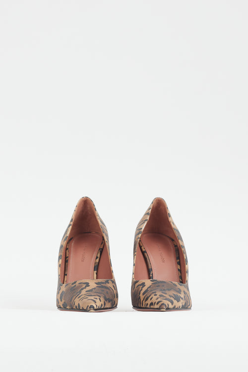 Amina Muaddi Brown & Black Printed Satin Holli Pump