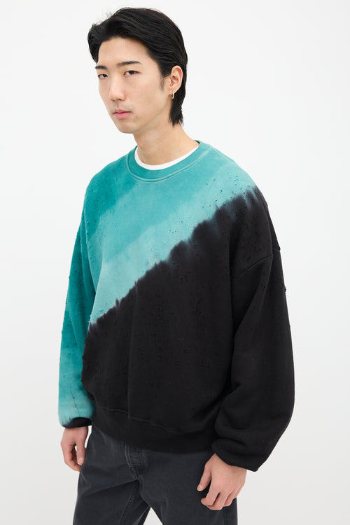 Amiri Teal Blue & Black Dyed Distressed Crewneck