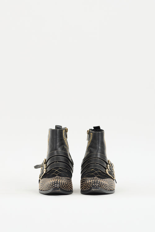 Anine Bing Black & Gold Leather & Suede Embellished Western Boot