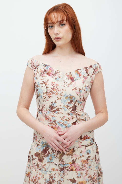 Anna Sui Cream & Multicolour Floral Ruffled Dress