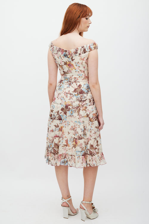 Anna Sui Cream & Multicolour Floral Ruffled Dress
