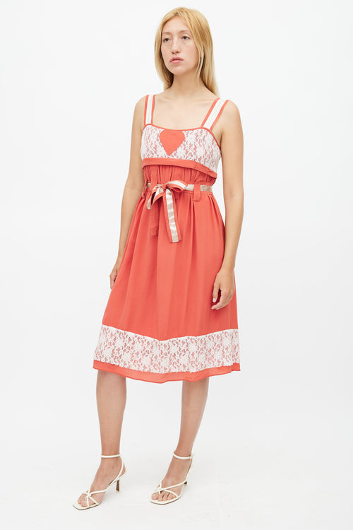 Anna Sui Red & White Belted Lace Dress