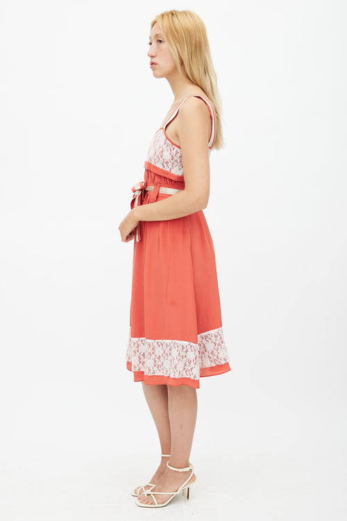 Anna Sui Red & White Belted Lace Dress