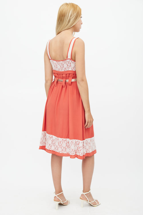 Anna Sui Red & White Belted Lace Dress