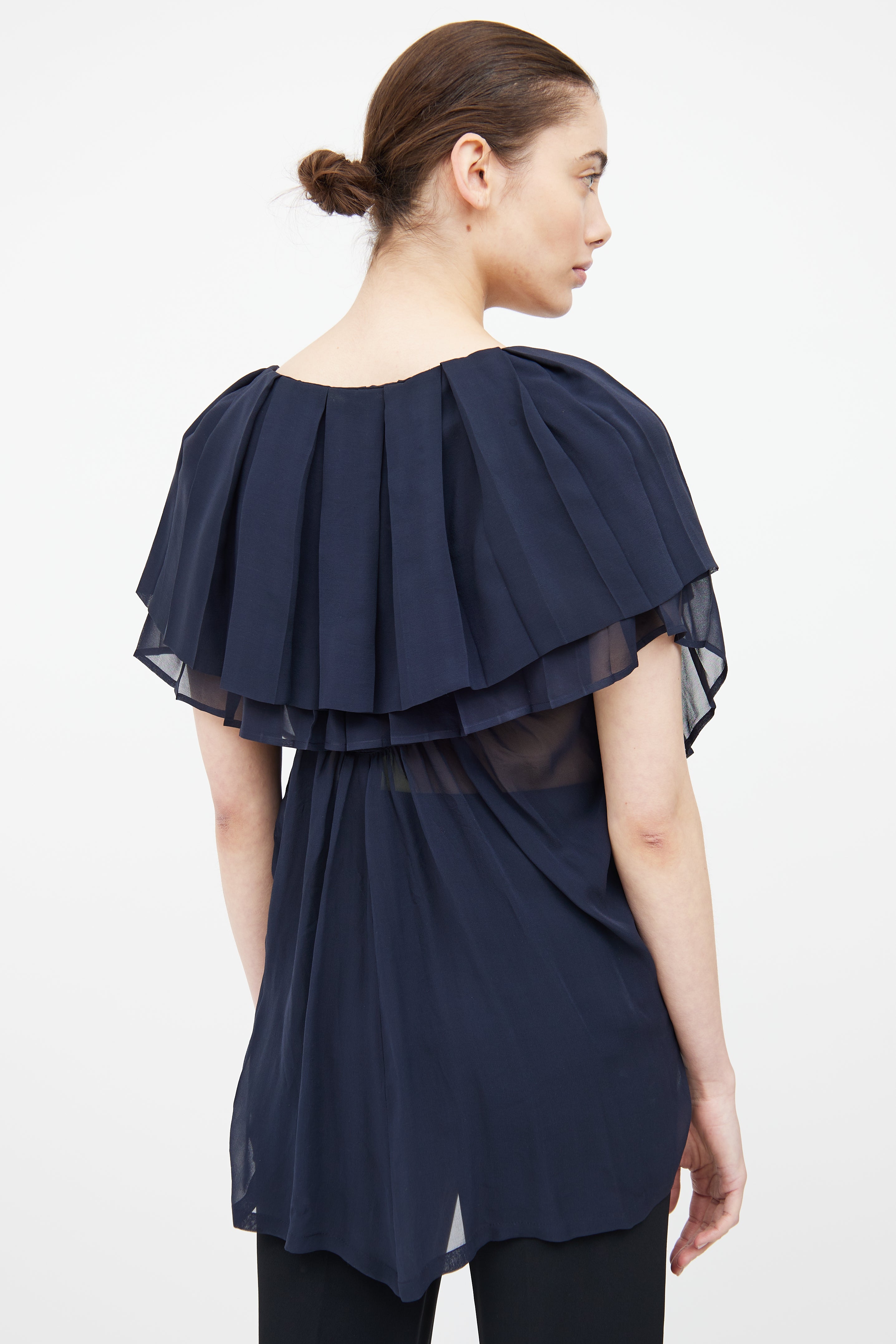 Ann Demeulemeester Navy Silk Pleated Ruffle Top