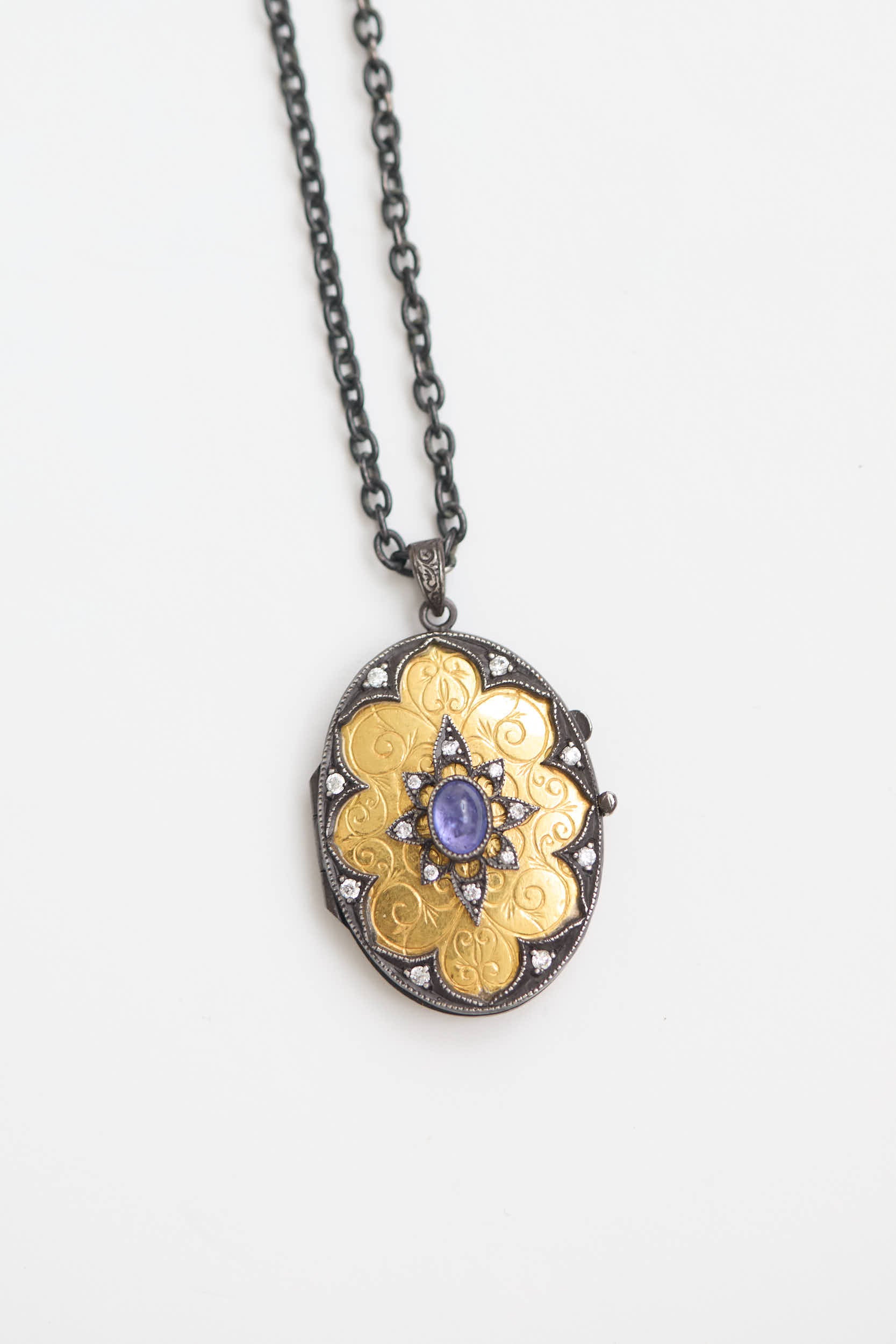 Fine Jewelry Sterling Silver 22K Yellow Gold Lolite and Diamond Locket Necklace