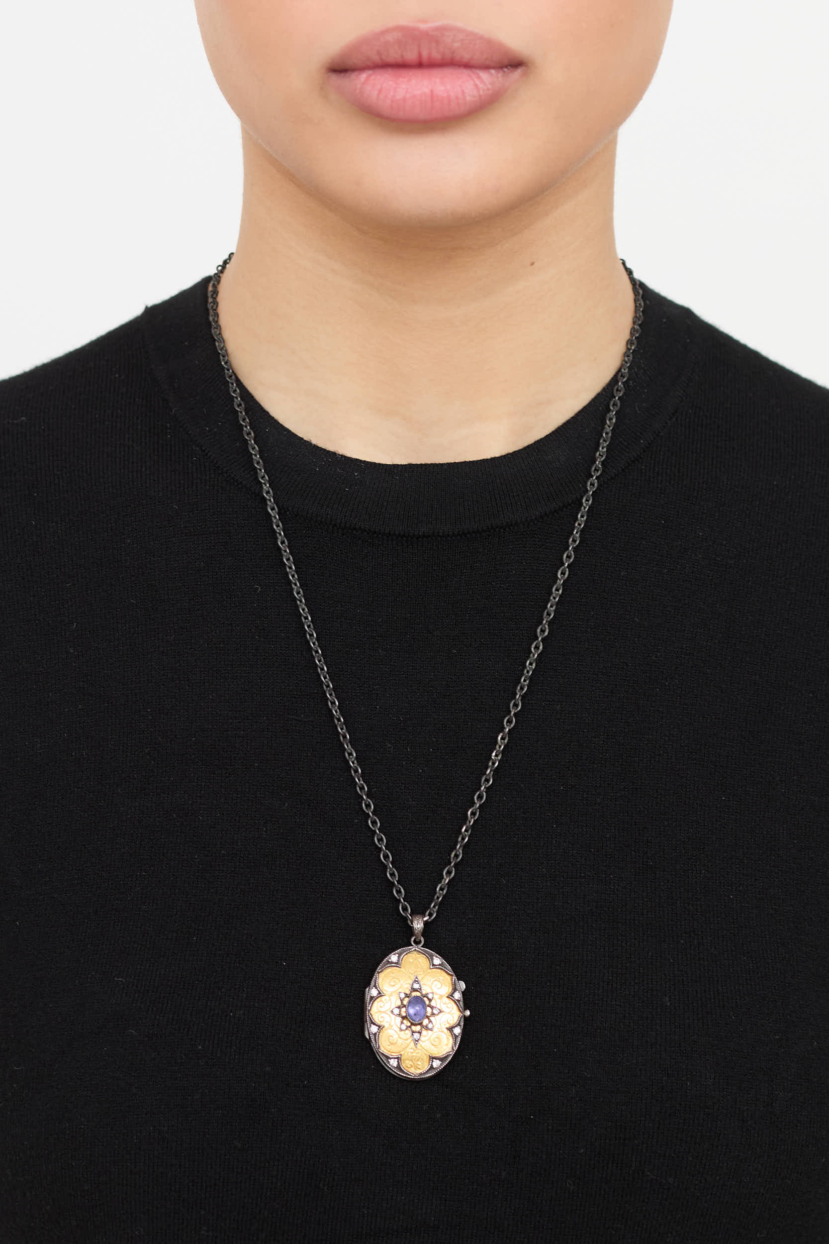 Fine Jewelry Sterling Silver 22K Yellow Gold Lolite and Diamond Locket Necklace
