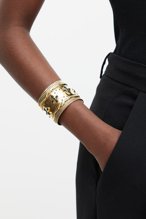 Aurélie Bidermann Gold & Black Agate Floral Cheyenne Cuff Bracelet