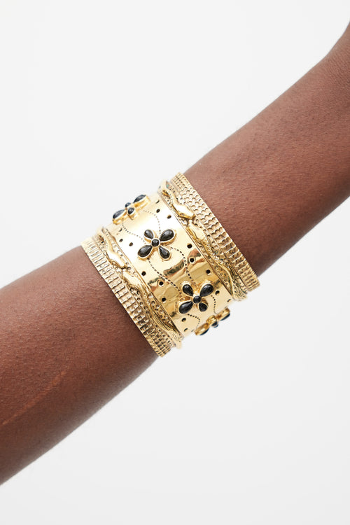 Aurélie Bidermann Gold & Black Agate Floral Cheyenne Cuff Bracelet