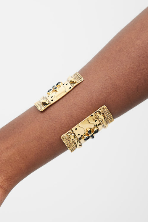 Aurélie Bidermann Gold & Black Agate Floral Cheyenne Cuff Bracelet