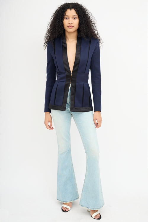 Balmain Navy & Black Wool Pleated Blazer