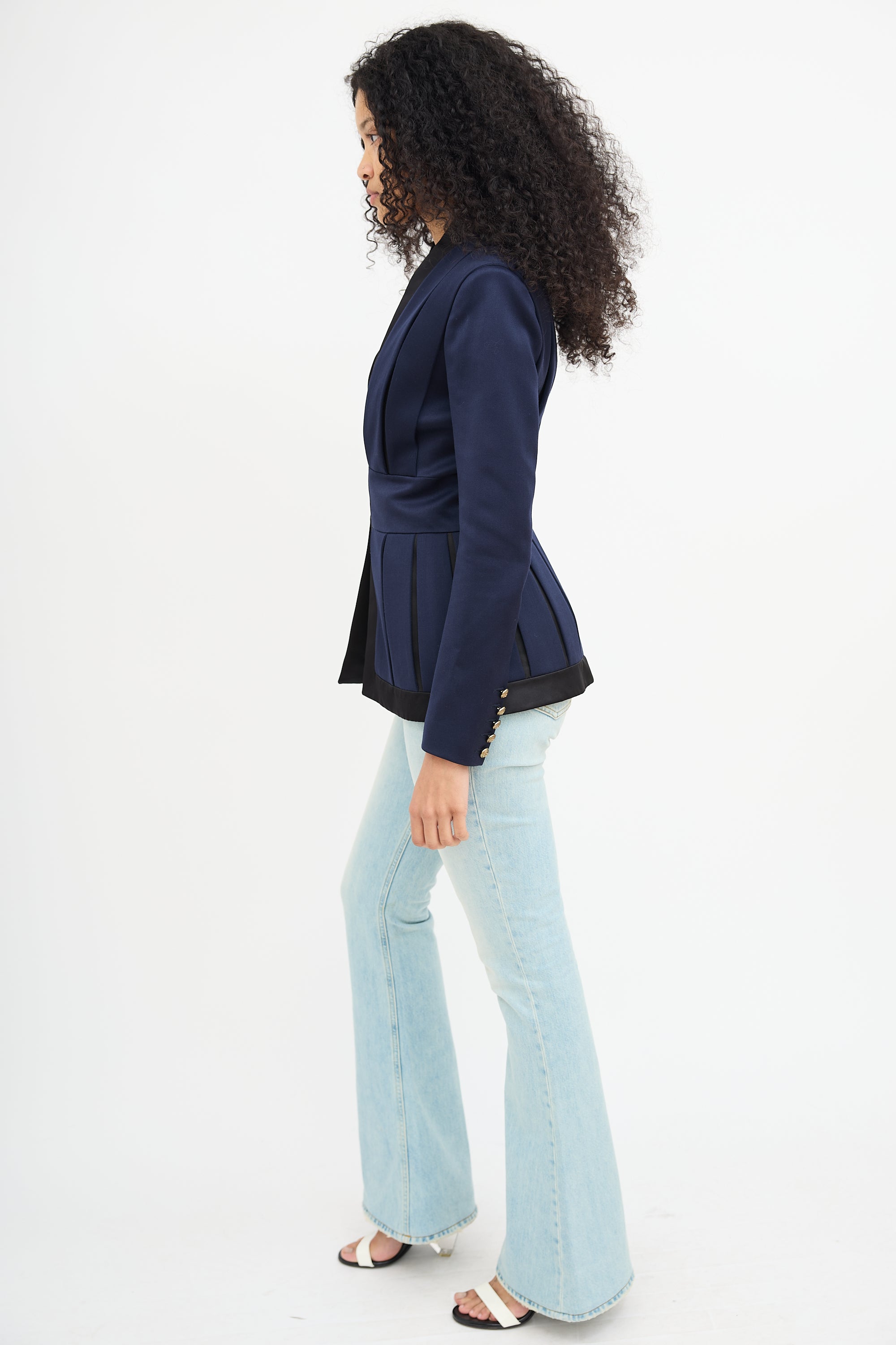Balmain Navy & Black Wool Pleated Blazer