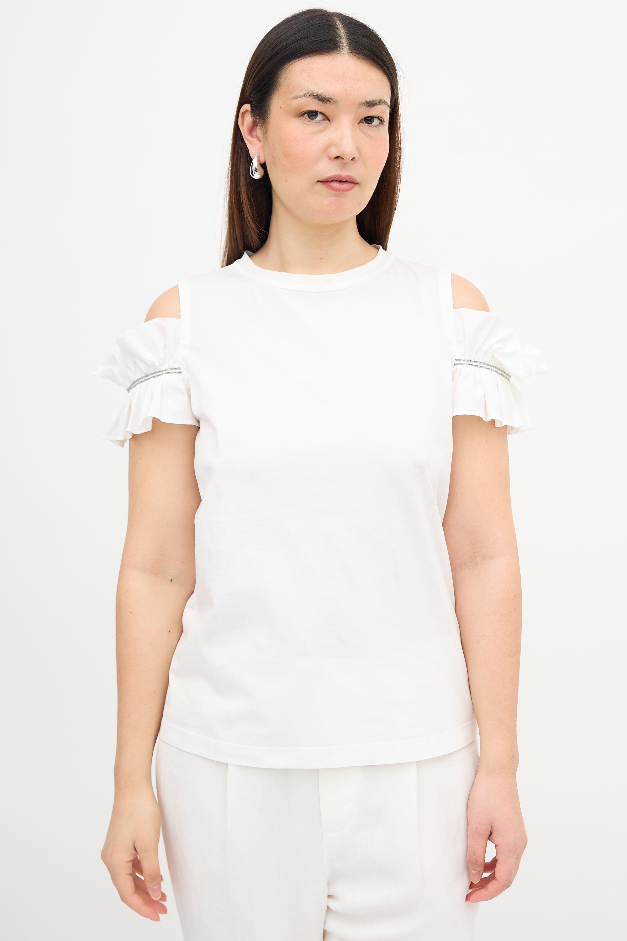 Brunello Cucinelli Ruffle Cold Shoulder T-Shirt