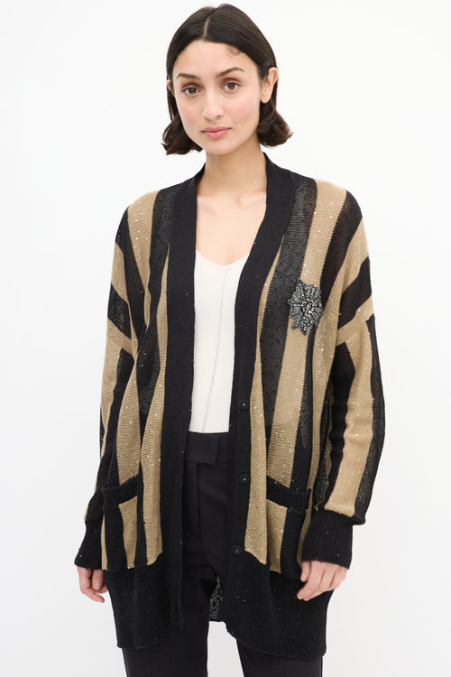 Brunello Cucinelli Black & Brown Linen & Silk Sequin Cardigan