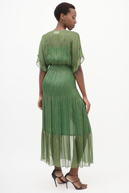 Green & Yellow Paisley Pleated Dress